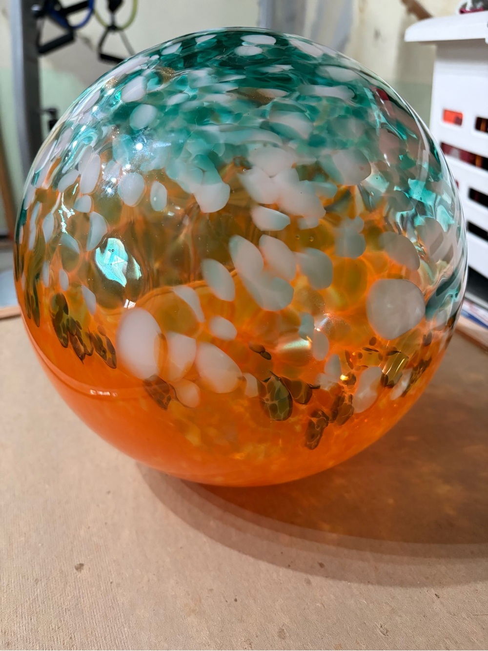 MCM Murano Hand-Blown Art Glass Sphere - Orange & Green Decorative Globe